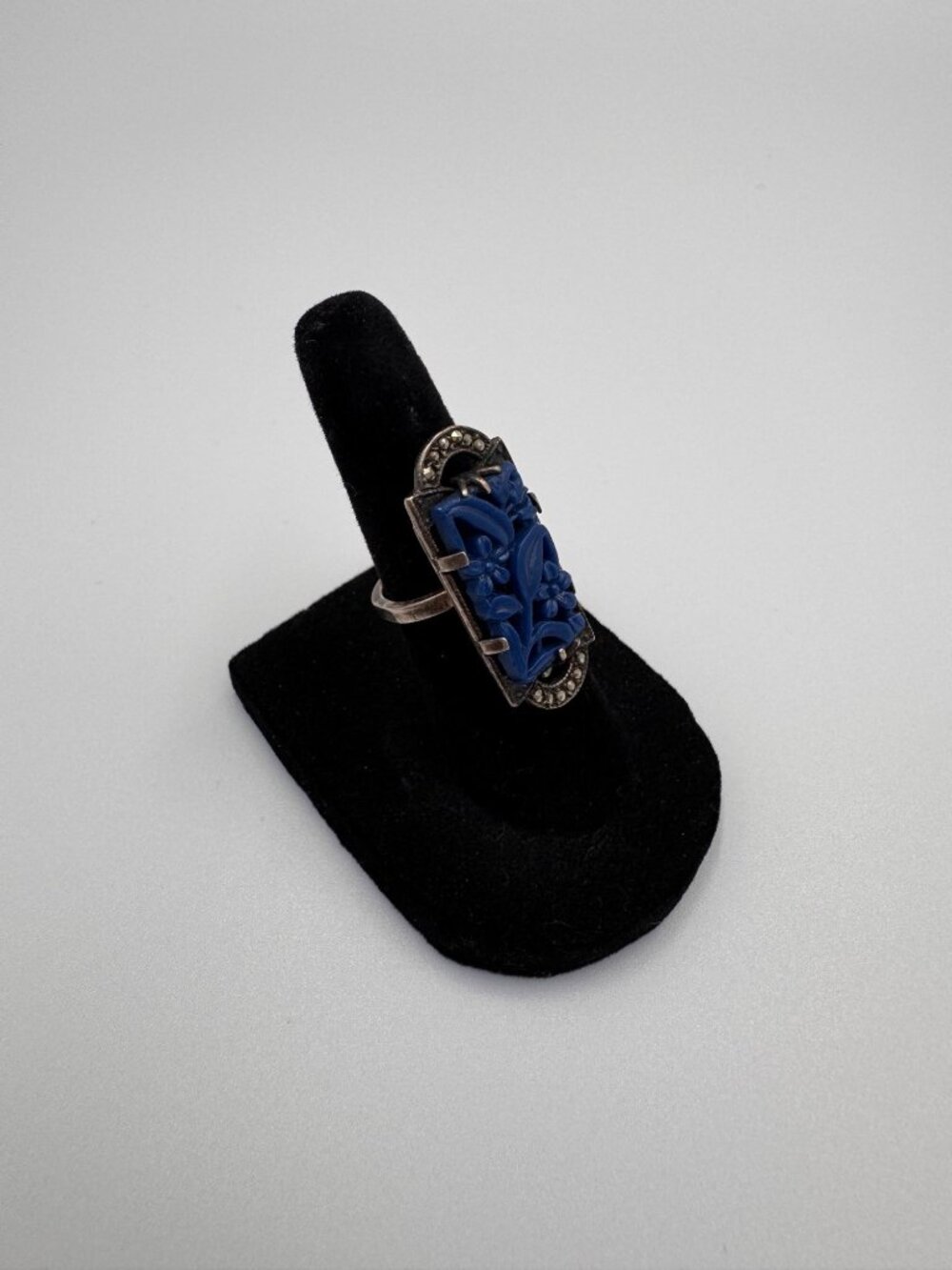 Art Deco Sterling Silver Blue Molded Lapis Glass Marcasite Floral Ring Size 4.5